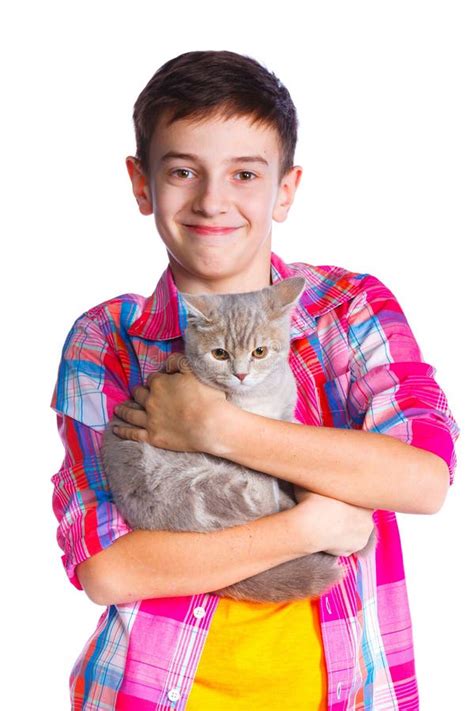 Boy With His Cat Stock Image Image Of Affection Isolated 53123461