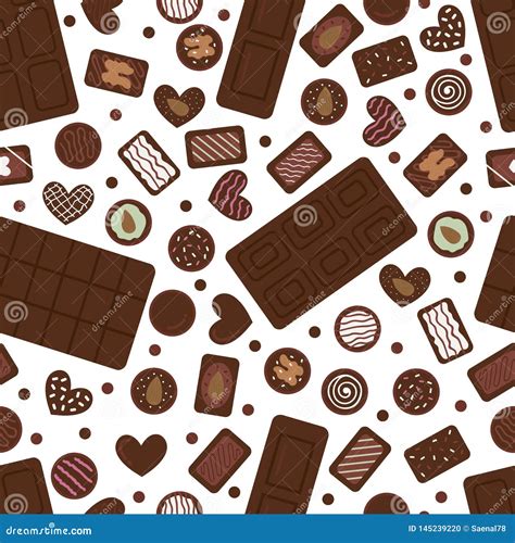 Cute Seamless Pattern With Hand Drawn Chocolate Candies And Bars Cartoon Sweet Background