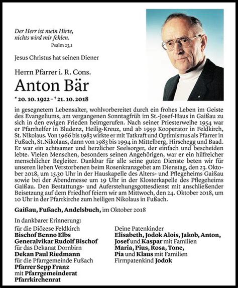 Todesanzeigen Von Anton B R Todesanzeigen Vorarlberger Nachrichten