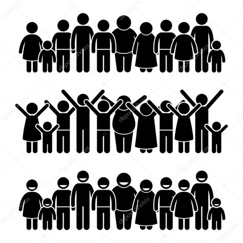 Group Of Happy Children Standing Smiling And Raising Hands Stick Figure