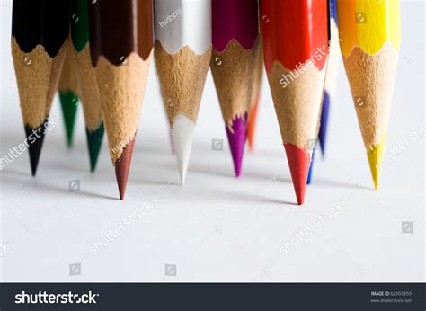 Assortment Of Colored Pencils On White Paper Stock Photo 62993359