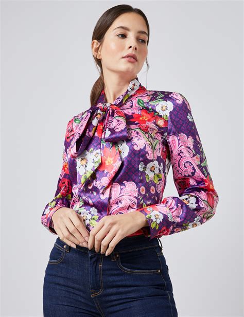 women s light pink and fuchsia geometric floral print fitted satin blouse single cuff pussy