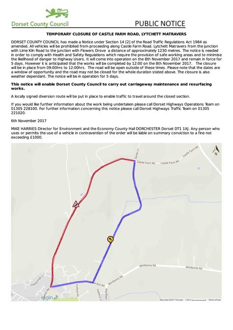 Castle Farm Road Closure 8th November 2017 Lytchett Matravers Parish Council