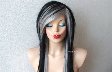 Black Grey Emo Wig 28 Straight Layered Hair Side Bangs Etsy