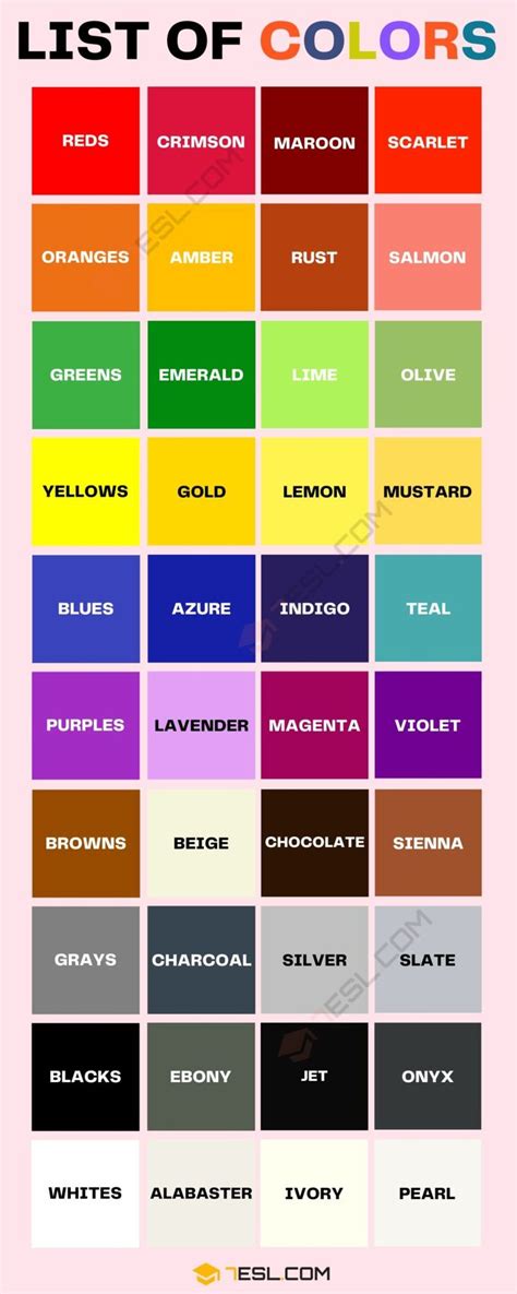 The Color Chart For All Kinds Of Colors