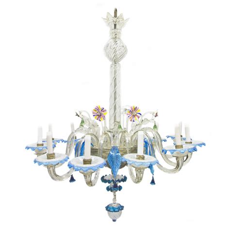 Antico Lampadario In Vetro Di Murano Blu E Trasparente Antiquariato