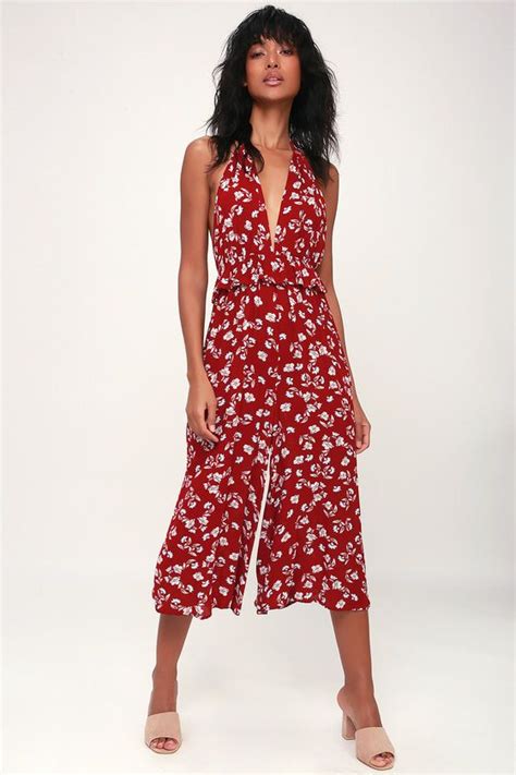 The Moon River Raylin Wine Red Floral Print Halter Culotte Jumpsuit Is