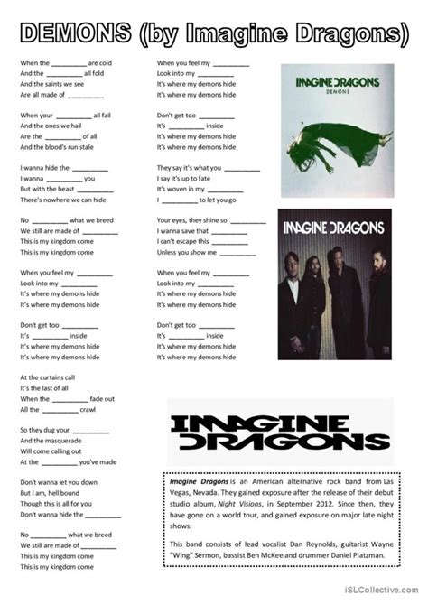 Demons By Imagine Dragons Song And English Esl Worksheets Pdf And Doc