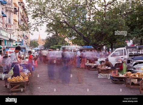 Street Fruit Market With Watching And Talking People Rangoon Burma