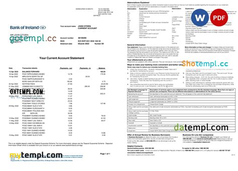 Ireland Bank Of Ireland Bank Statement Word And Pdf Template Pages