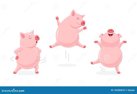 Set Of Funny Cute Cartoon Pig Dancing Stock Vector Illustration Of