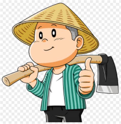 A Man With A Straw Hat Holding An Axue And Giving The Thumbs Up Sign