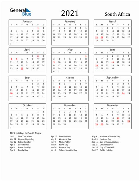 2021 South Africa Calendar With Holidays