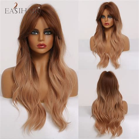 easihair long wavy synthetic wig brown to blonde ombre hair for black women cosplay natural hair