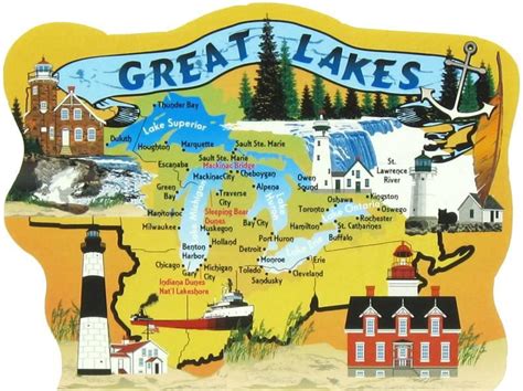 A Map Of Great Lakes With Lighthouses And Buildings