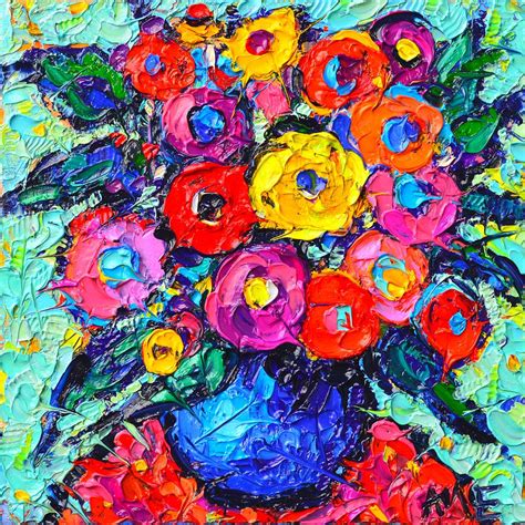 Abstract Colorful Wild Roses Modern Impressionist Palette Knife Oil Painting By Ana Maria