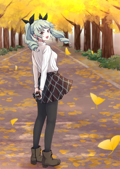 Safebooru 1girl D Anchovy Girls Und Panzer Arms Behind Back Autumn Autumn Leaves Bangs