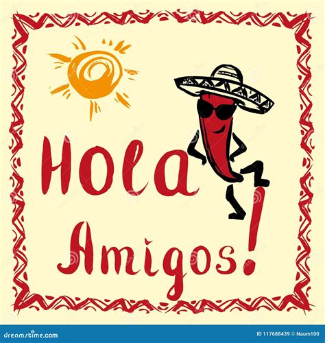 Hola Amigos Card With Sun And Funny Pepper Stock Vector Illustration