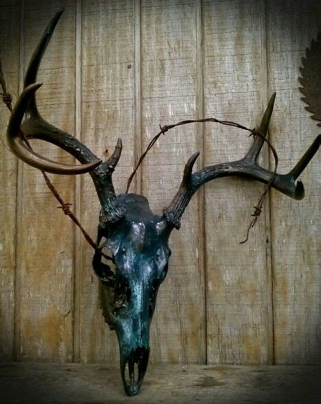 Aged Bronze Metal Paint Deer Skull With Vintage Barbedwire For Sale