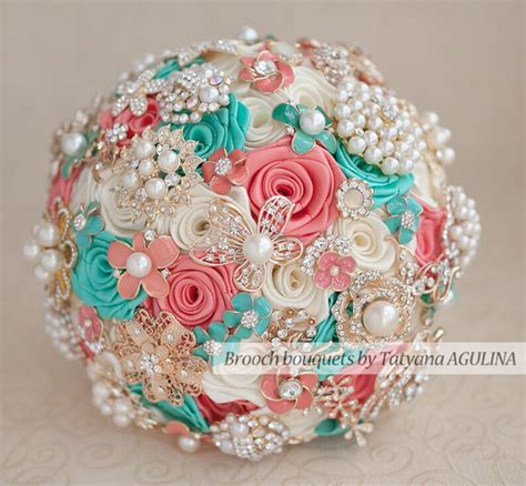 Brooch Bouquet Coral Ivory And Mint Wedding Brooch Bouquet Etsy