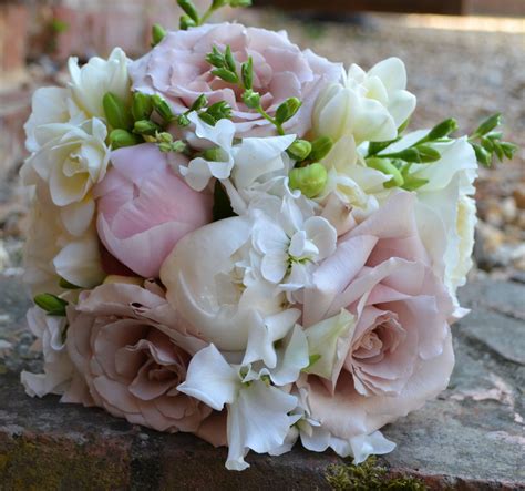 Bridal Bouquet Of White Freesia Pale Pink Peony And Quick