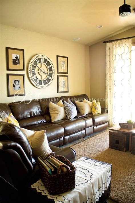 Beautiful sets boast sumptuous upholstery, innovative designs, and comfortable seating. love this...especially that clock | Brown living room ...