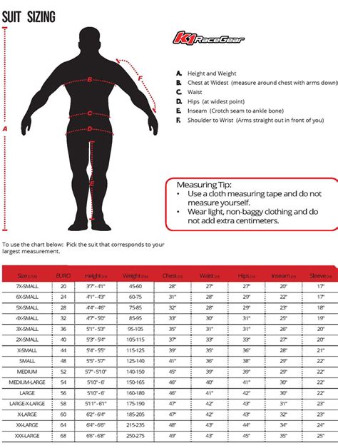 K1 Suit Size Chart