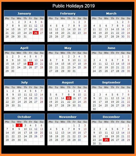 National Holiday Calendar 2019 The O Guide