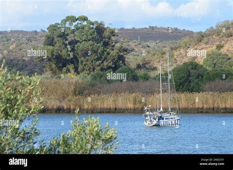 Sailing Boats In The Lower Guadiana River Which Serves As The Border