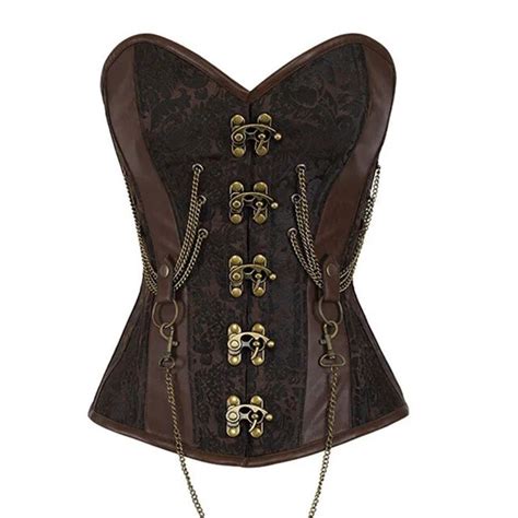 Womens Gothic Clothing Brown Buckle Steampunk Corset With Chains Sexy Shapewear Slimming Belt