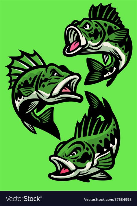 Set Angry Cartoon Largemouth Bass Fish Royalty Free Vector