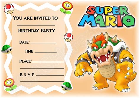 A5 Nintendo Super Mario Childrens Party Invitations X 12 Bowser