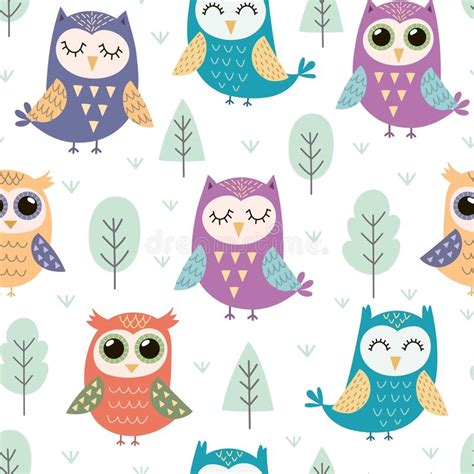 Cute Owls Seamless Pattern Black And White Background Stock Vector