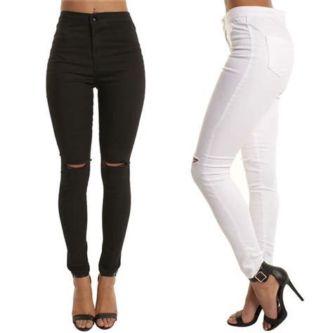 2018 new style women jeans leggings ripped hole high waist skinny leggins black elastic fitness