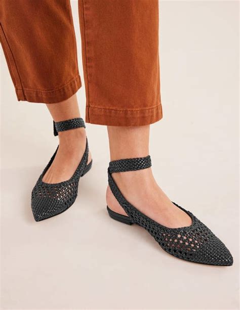 Ankle Strap Pointed Flats Black Woven Leather Boden Uk