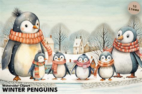 Watercolor Winter Penguins Design Cuts