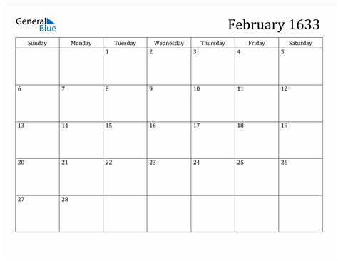 February 1633 Monthly Calendar