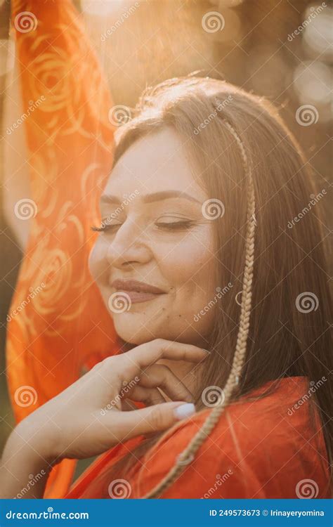 Outdoor Portrait Of Beautiful Smiling Woman In Sunlight Smiling Relaxing Woman With Boho Hair