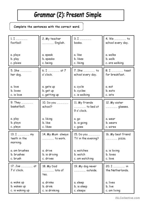 Present Simple Grammar Multiple Choi English Esl Worksheets Pdf And Doc