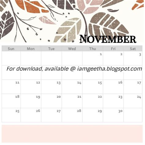 Iamgeetha Printables Planner Free Printable November 2018 Calendar