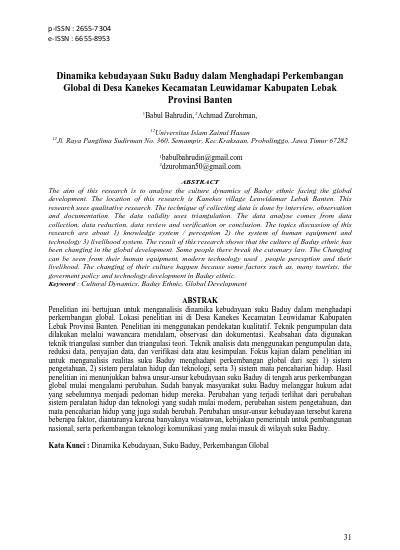 Dinamika Kebudayaan Suku Baduy Dalam Menghadapi Perkembangan Global Di Desa Kanekes Kecamatan