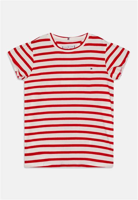 tommy hilfiger striped ruffle sleeve print t shirt deep crimson red uk