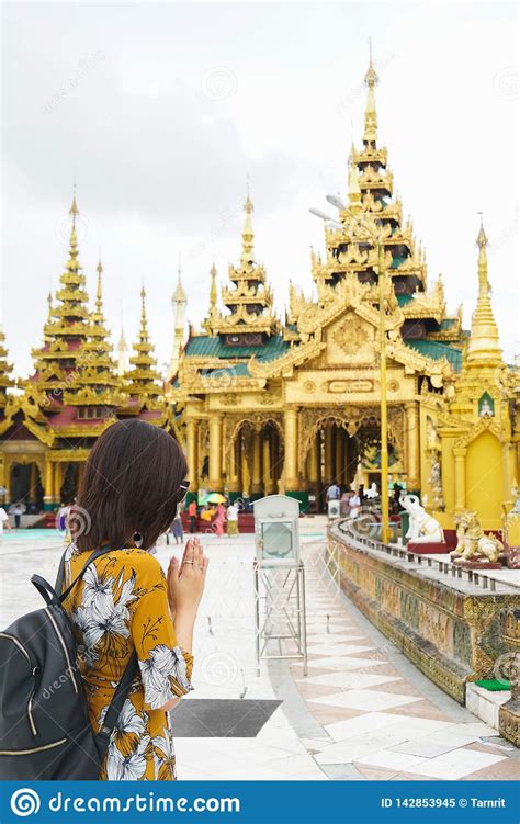 Woman Lady Tourist Pray At Shwedagon Pagoda Temple Myanmar Editorial