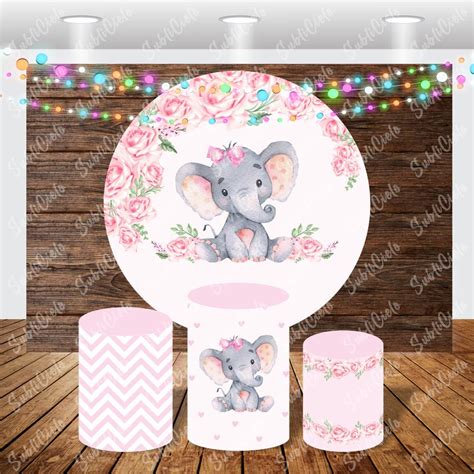 Kit Panel Redondo 3 Forros De Cilindros Baby Shower Niña Elefante