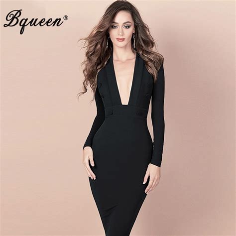 bqueen 2017 new arrival fashion full sleeve button knee length lady party dress sexy deep v