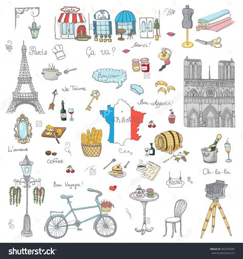 Set Of Hand Drawn French Icons Paris Sketch Vector Illustration