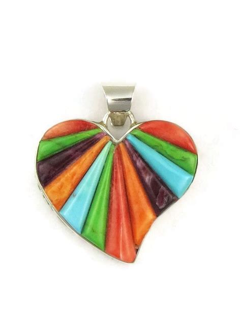 Reversible Multi Gemstone Sculpted Inlay Heart Pendant By Calvin Begay