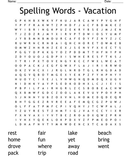Spelling Words Vacation Word Search Wordmint