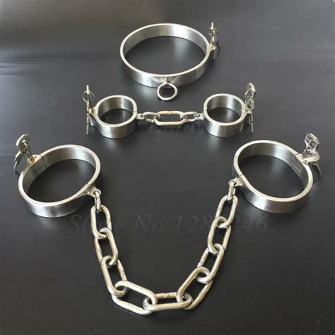 Stainless Steel Handcuffs Ankle Cuff Neck Collar With Chain Sex Bondage