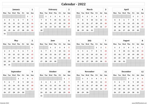 Ready To Use Printable Calendar 2022 Monday Start Msofficegeek
